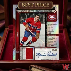 A hockey trading card of Maurice Richard with a jersey relic and autograph displayed in a wooden box!