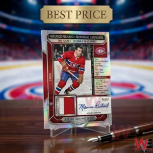 A collectible sports card of Maurice Richard on a display stand with a fountain pen and a blurry stadium background!