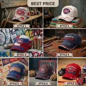 Collection of distressed Montreal Canadiens hockey baseball caps with vintage textures
