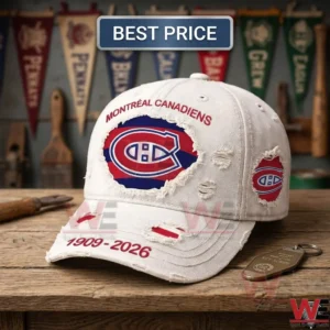 Distressed white baseball cap with Montreal Canadiens logo and 1909-2026 embroidery.