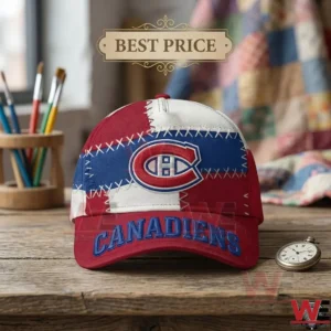 Montreal Canadiens patchwork embroidered baseball cap on a wooden table.