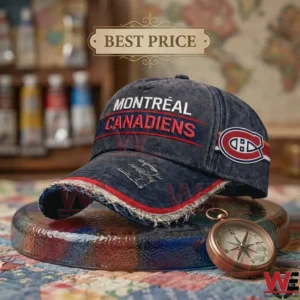 Distressed navy blue Montreal Canadiens baseball cap on a display stand with a compass.
