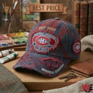 Distressed Montreal Canadiens hockey baseball cap on a wooden desk