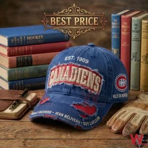 Distressed blue Montreal Canadiens hockey cap on a wooden desk with vintage books