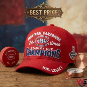 Montreal Canadiens Stanley Cup Champions red cap with hockey puck and compass on wood table