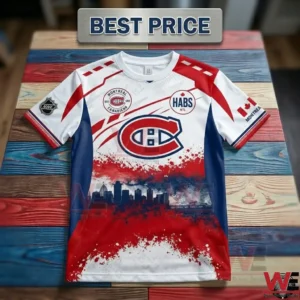 Montreal Canadiens NHL themed athletic jersey with city skyline graphic.
