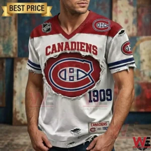 Man wearing a distressed Montreal Canadiens t-shirt with official team logos