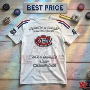 White Montreal Canadiens championship commemorative T-shirt on a wooden background