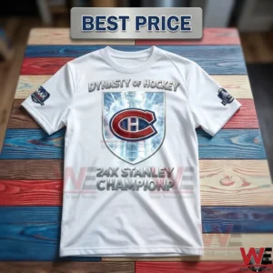 White Montreal Canadiens t-shirt featuring 24x Stanley Cup champion graphics
