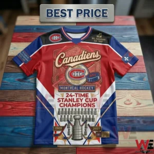 Montreal Canadiens 24-time Stanley Cup champions jersey on wooden background
