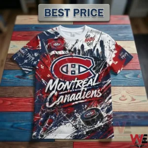 Montreal Canadiens NHL hockey t-shirt with all-over print featuring team logo, player graphics, and city skyline.