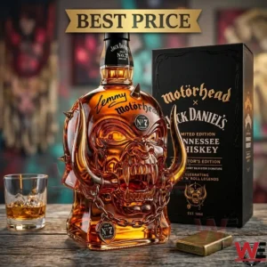 Limited edition Motorhead x Jack Daniel's whiskey bottle shaped like a Snaggletooth skull