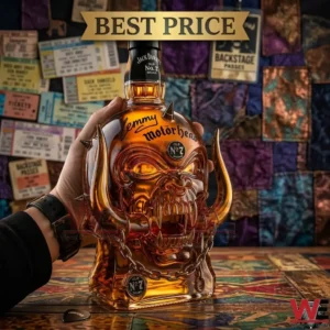A limited edition Motörhead themed Jack Daniel's Tennessee Whiskey decanter held in a hand.