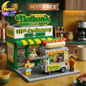 Nathan's Famous 110th Anniversary building block set with a hot dog cart and minifigures.