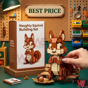 Brown squirrel figure made of building bricks standing on a wooden bench next to its box on a desk!