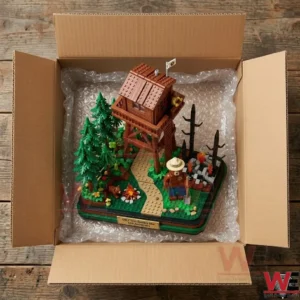 Smokey Bear 50th anniversary custom brick building set inside a cardboard shipping box.