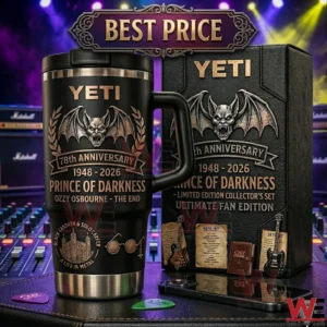 A black anniversary mug and a collector box with a bat logo in a music studio!