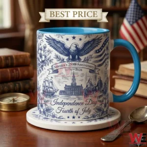 Ceramic coffee mug commemorating the United States 250th anniversary with historical illustrations.