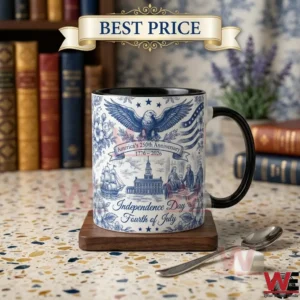Ceramic coffee mug with American 250th anniversary Independence Day patriotic design.