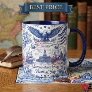 Ceramic coffee mug commemorating the United States 250th anniversary with historical patriotic illustrations.