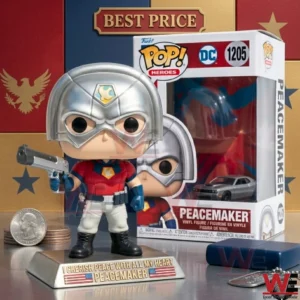 Peacemaker vinyl figure holding a gun on a base with a coin and box!