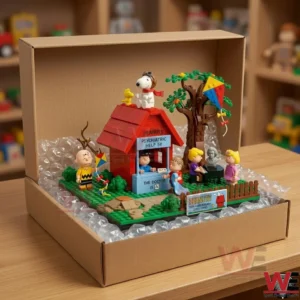 Peanuts brick-built display set featuring Charlie Brown characters in a box