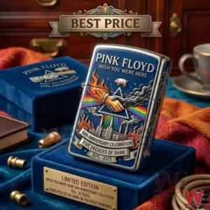 Pink Floyd Wish You Were Here 50th anniversary collectible metal lighter in a velvet display case.