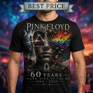 Black t-shirt featuring Pink Floyd 60th anniversary graphic design