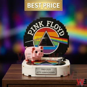 Pink Floyd 60th Anniversary Vinyl Record Brick Set 4 Detailed view of a brick built Pink Floyd record player with a rainbow prism design and a pink pig!