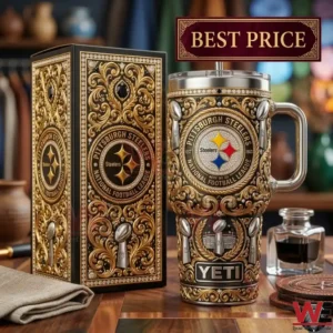 Ornate Pittsburgh Steelers themed stainless steel tumbler and gift box with gold filigree details.