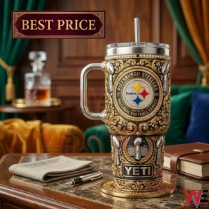 Ornate Pittsburgh Steelers customized metal tumbler on a desk