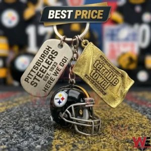 Pittsburgh Steelers keychain with helmet, dog tag, and Terrible Towel charms