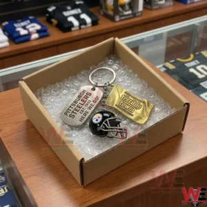 Pittsburgh Steelers keychain set including a helmet, tag, and Terrible Towel charm in a gift box.