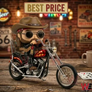 A miniature cowboy figure with a beard and sunglasses riding a detailed custom chopper motorcycle on a wooden table.