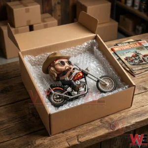 Biker figurine inside a shipping box with bubble wrap
