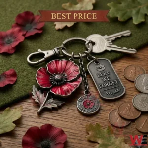 Red poppy keychain with memorial metal tags on a wood background!
