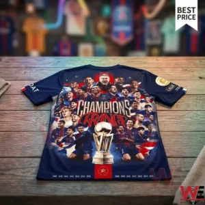 Paris Saint-Germain commemorative Champions of France soccer jersey featuring team photos and trophy.