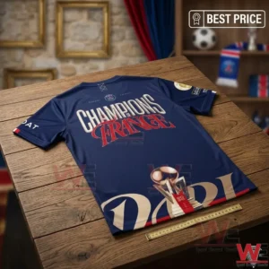 Paris Saint-Germain Champions of France commemorative soccer jersey on a wooden table.