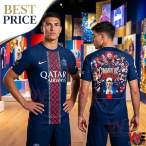 Two soccer players wearing the Paris Saint-Germain Champions of France commemorative jersey.