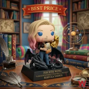Fourth Wing collectible figure with Violet Sorrengail and Andarna in a library setting