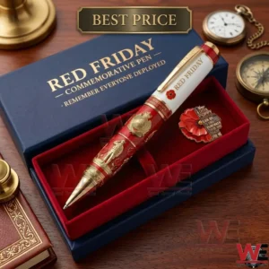 Red Friday commemorative military pen with poppy emblem in presentation box