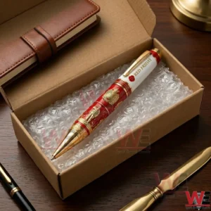 Red Friday commemorative pen with gold detailing inside a gift box