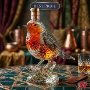 Redbreast whiskey glass decanter shaped like a robin bird sitting on a log