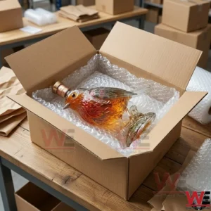 Glass robin bird ornament packed inside a cardboard box with bubble wrap.