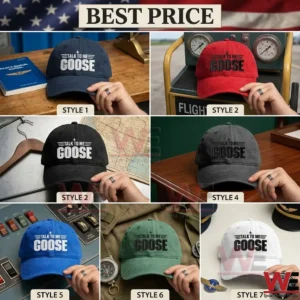 A grid of seven baseball caps in navy red black grey blue green and white each with talk to me goose embroidery!