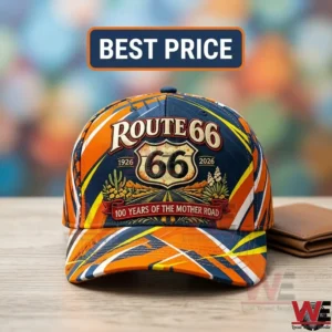 Route 66 anniversary souvenir cap with vibrant orange and blue design.