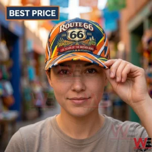 Person wearing a Route 66 centennial commemorative cap