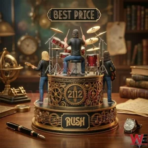 Rush 2112 band figurine on a steampunk musical gear base