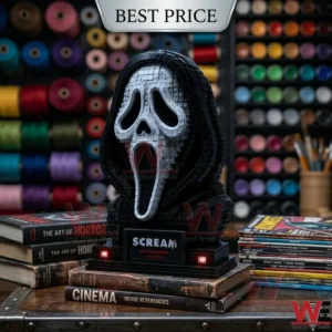 Ghostface mask building block model on a stack of books