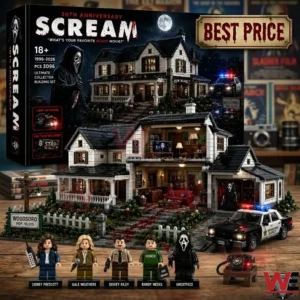 Scream 30th Anniversary 3096-piece collector building set with house model and movie character figures.